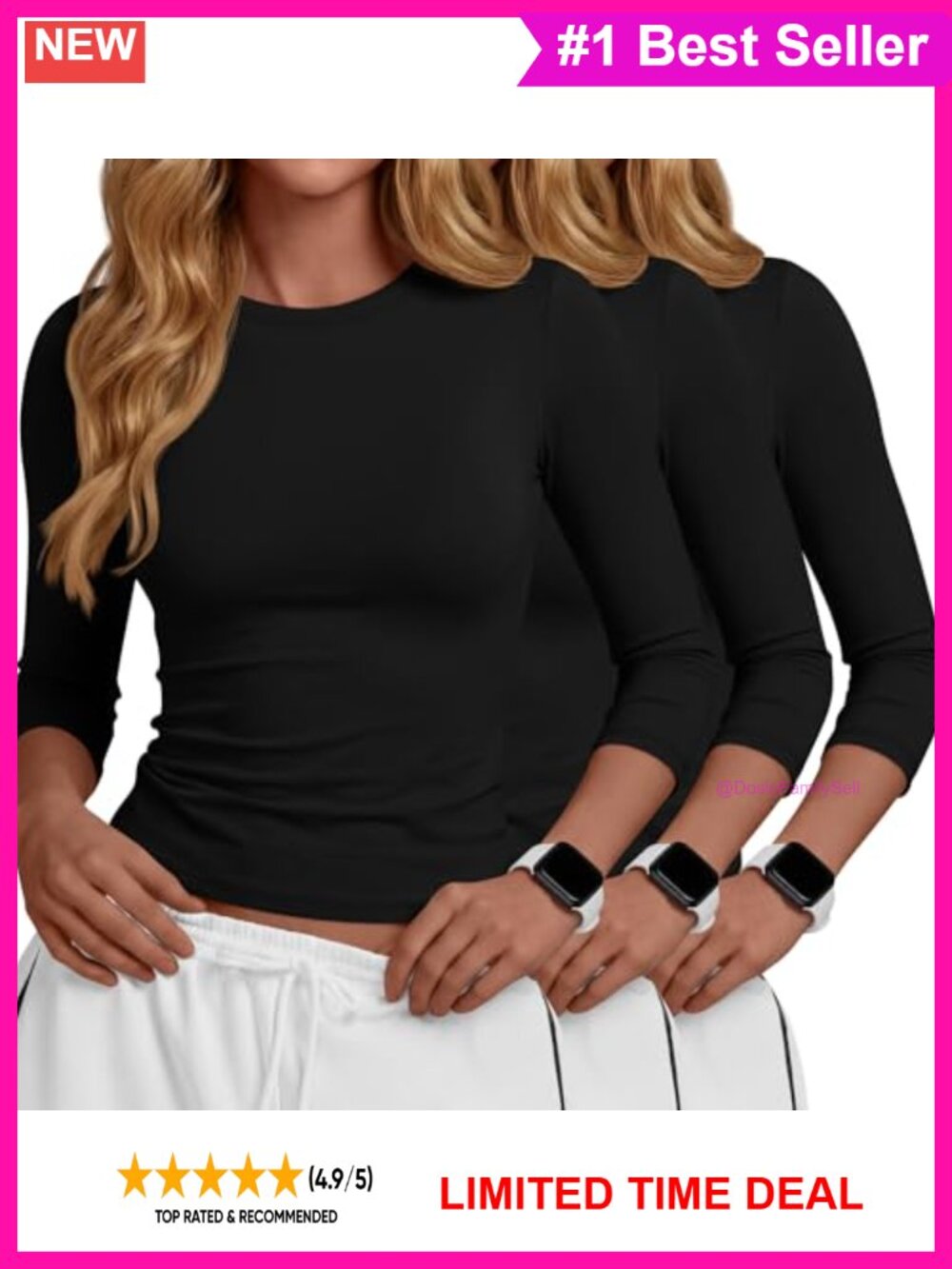 3 Pack Women's 3/4 Sleeve Compression Workout Shirts Slim Fit Gym Tops